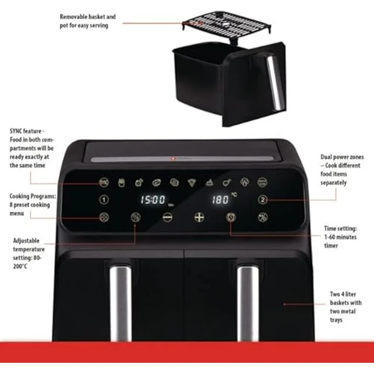alpina Doppel-Luftfritteuse - 8 L - LED-Anzeige - 230V - 1700W - Schwarz – Bild 3