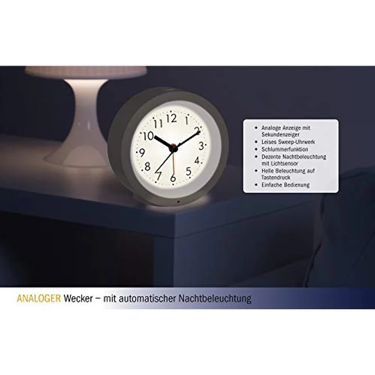 TFA Dostmann Analoger Wecker, 60.1029.02, mit Sweep Uhrwerk, dezente Nachtbeleuchtung, weiß,L 105 x B 41 x H 105 mm – Bild 2