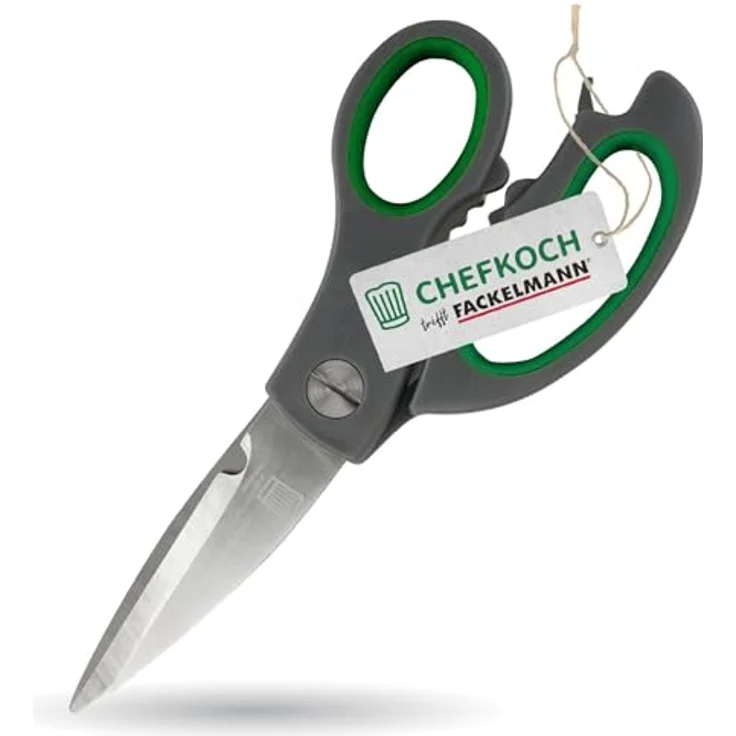 FACKELMANN Küchenschere – Robuste Multifunktionsschere mit Edelstahlklingen und ergonomischem Soft-Grip Griff, silber und grün – Bild 1