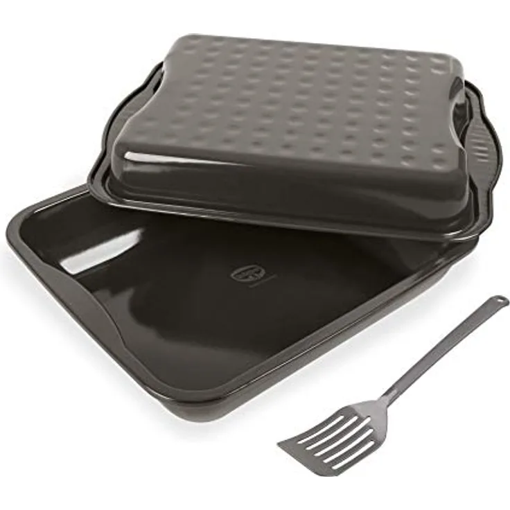 Dr. Oetker Maxi-Bräter EXCLUSIVE, eckige Auflaufform aus Stahlblech für Hähnchen und Gemüse (Grau-Braun/Crème)