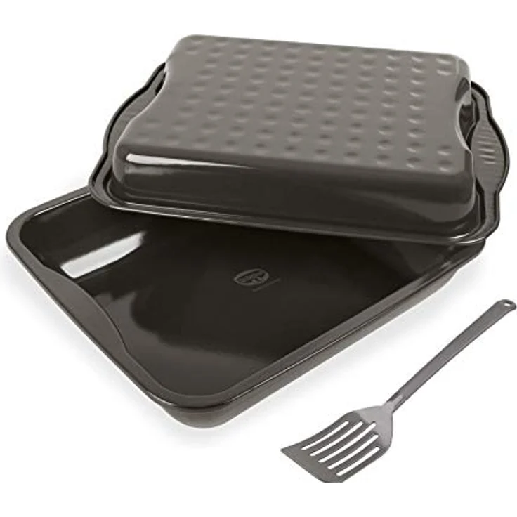 Dr. Oetker Maxi-Bräter EXCLUSIVE, eckige Auflaufform aus Stahlblech für Hähnchen und Gemüse (Grau-Braun/Crème) – Bild 1
