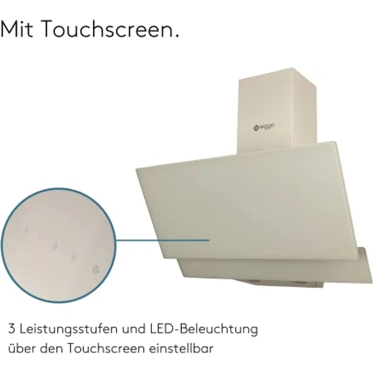 Wiggo Dunstabzugshaube 50cm kopffrei I Abluft Umluft Dunstabzug 300m³/h - LED Touch-Display 3 Stufen I Schräghaube inkl. Fettfilter & 2x Kohlefilter I Abzugshaube mit 2 teiliger Glasfront creme – Bild 4