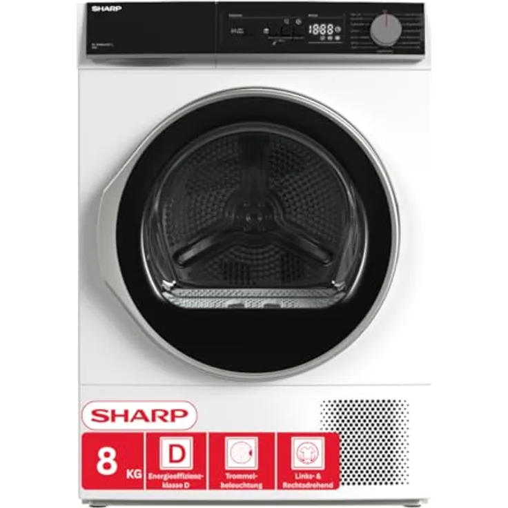 SHARP KD-NHA8S6GW1D-DE Wärmepumpentrockner 8 kg, LED Display, BubbleDrum, 15 Programme inkl. BabyCare und Jeans, Super Silent, Energieeffizienzklasse D