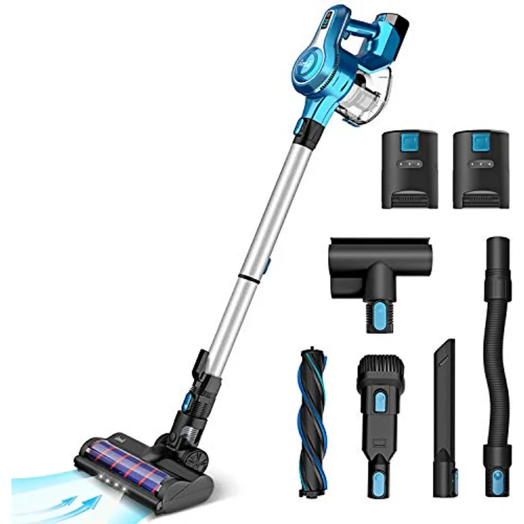 INSE Akku Staubsauger 25KPa 10 in 1 Kabelloser Staubsauger, bis zu 90 Min Laufzeit, 2 Akku Abnehmbarer, mit Elektrobürste für Betten, Staubsauger für Tierhaare Haustier Hartboden Teppich S6P Blau
