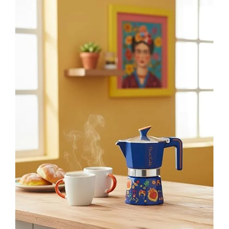 Pedrini Frida Kahlo 3TZ, Espressokocher aus Aluminium mit kunstvoller Dekoration, blau – Bild 3