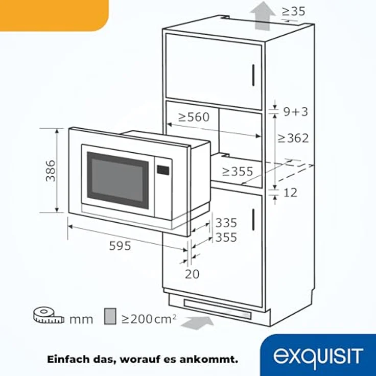 Exquisit EMW25-G-020 Mikrowelle mit Grill, 59,5 cm breit, Einbaugerät, 900W, 25L Garraum, 9 Leistungsstufen, Timer, inkl. Drehteller 31,5 cm, weiß – Bild 6