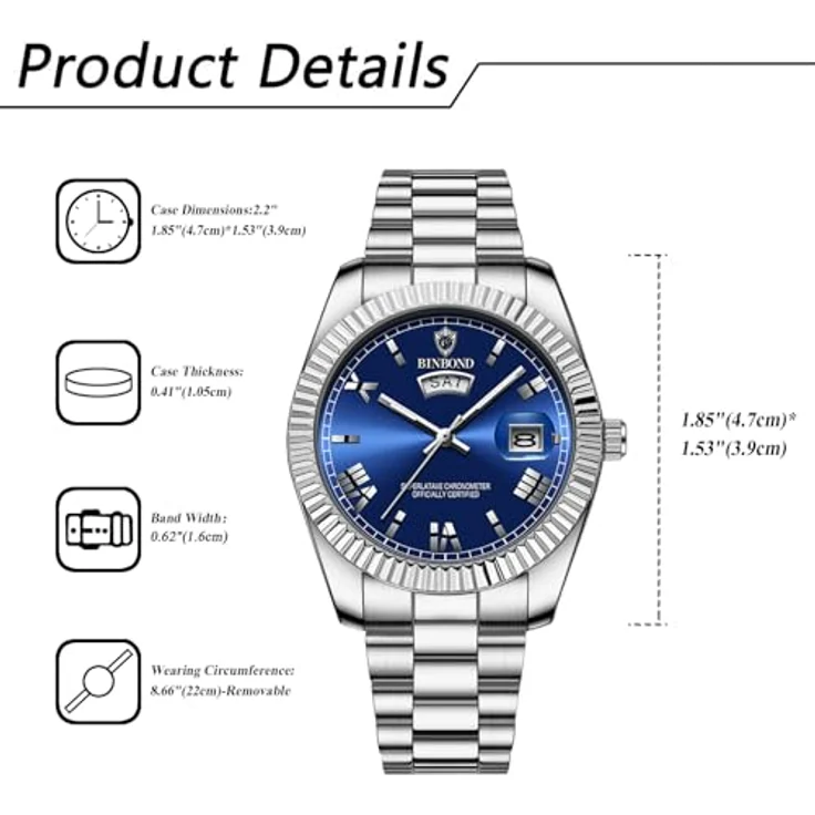 JewelryWe Herrenuhr Edelstahl, 30m wasserdicht, Analoguhr mit Leuchtzeigern, Blau römische Ziffern, Datum und Wochentag, Silber Edelstahlarmband – Bild 5