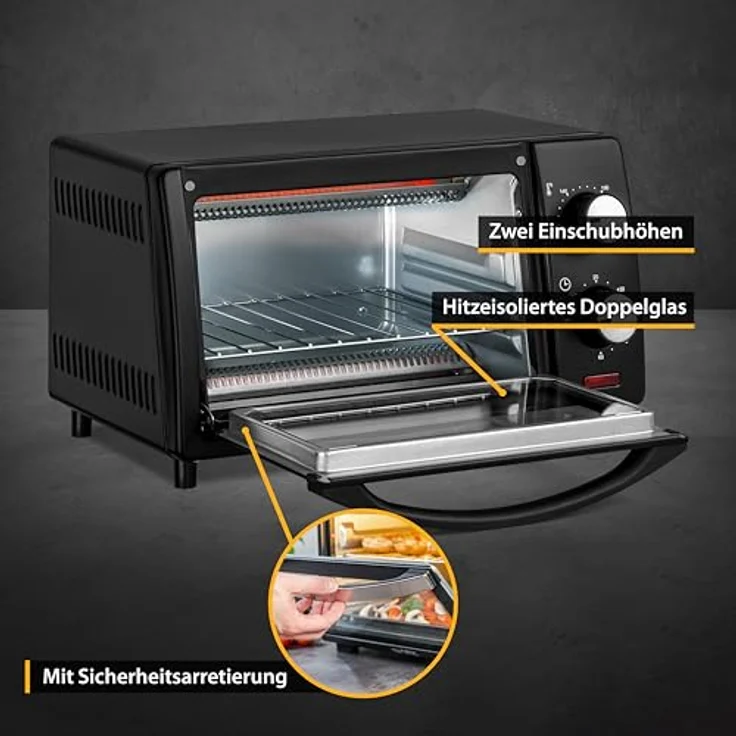 TZS First Austria 10 Liter Minibackofen, 800 Watt, bis 230 Grad, stufenlose Temperaturregelung, 60 Minuten Timer, 2 Einschubhöhen, Doppelglastür, Mini Ofen – Bild 5
