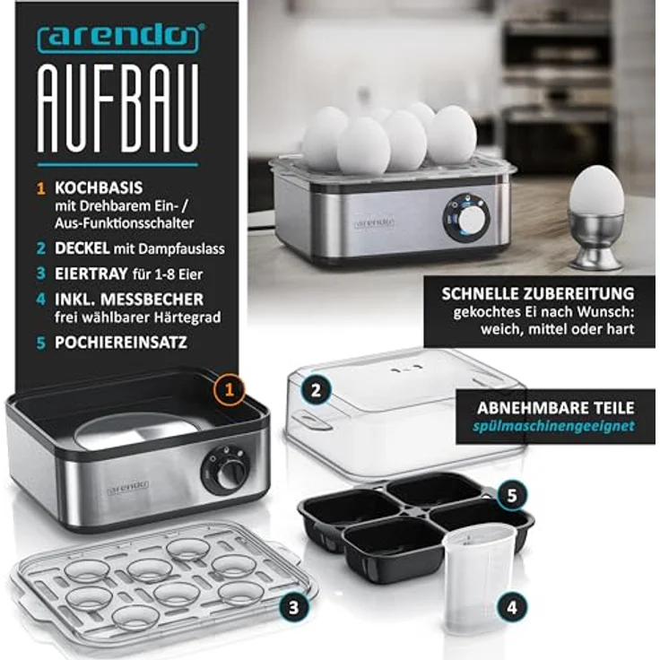 Arendo Eierkocher Edelstahl für 1 bis 8 Eier - Egg Cooker - 500 W ? Kontroll Leuchte ? Drehregler für drei Härtegrade - spülmaschinengeeignet - Edelstahl gebürstet – Bild 4