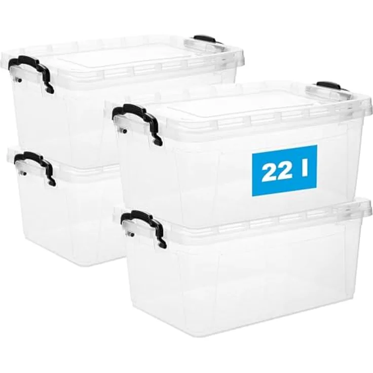 Plastikbox mit Deckel 4er Set 22 Liter Kunststoffbox Aufbewahrungsbox - Ideal als Stapelboxen mit Deckel & Griff für Haushalt & Büro Aufbewahrung, Transparent BPA-frei Kunststoff, Modell: X22