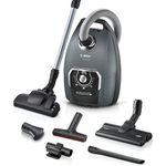Bosch Staubsauger mit Beutel Serie 8 BGL75XPRQ, für Allergiker, Hygiene-Filter, 10 Jahre Motorgarantie, Hartbodendüse, XXL-Polsterdüse, XXL-Fugendüse, langes Kabel, leise, 750 W, grau