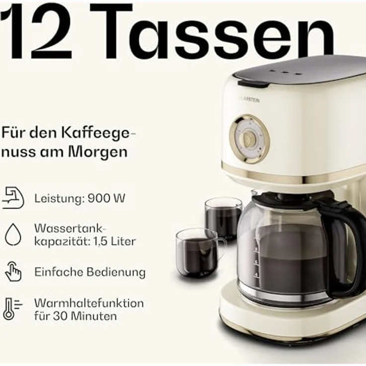 Klarstein Victoria Frühstücksset, 2-Scheiben-Toaster mit Brötchenaufsatz, 1,7L Wasserkocher, 12 Tassen Filterkaffeemaschine, Retro Design, Warmhaltefunktion, Cream – Bild 5