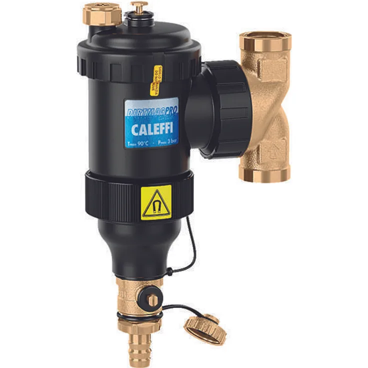 Caleffi Schlammabscheider DirtmagPRO mit Doppelmagnet, 1'' G 1" Anschlüsse, max. 3 bar, für hohe Durchflussmengen, Technopolymer