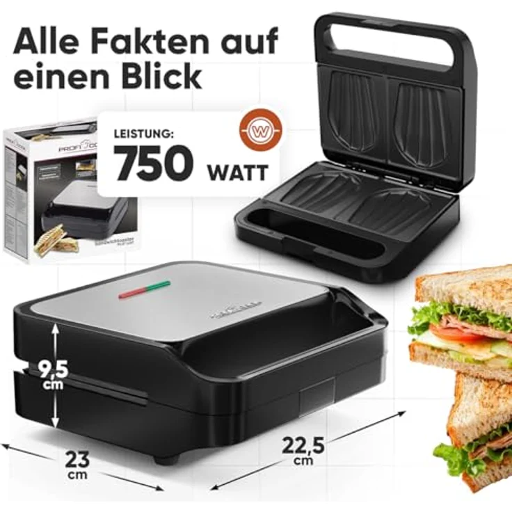 ProfiCook Sandwichmaker PC-ST 1297, Edelstahl Sandwichmaker mit muschelförmigen Platten, 750W, Antihaftbeschichtung, Überhitzungsschutz – Bild 7