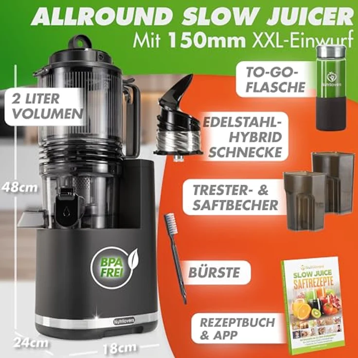 Nutrilovers NUTRI-PRESS MAX Slow Juicer, Entsafter für ganze Früchte mit XXL 150 mm Öffnung, BPA-frei, inkl. Saft-Flasche und Rezeptbuch – Bild 3