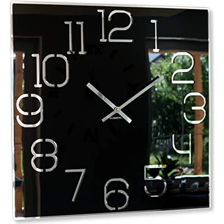 Wanduhr groß quadratisch Digit 50cm Durchmesser, ohne tickgeräusche modern, Design Acrylglas und Acrylspiegel, Wohnzimmer, Schlafzimmer (Schwarz)