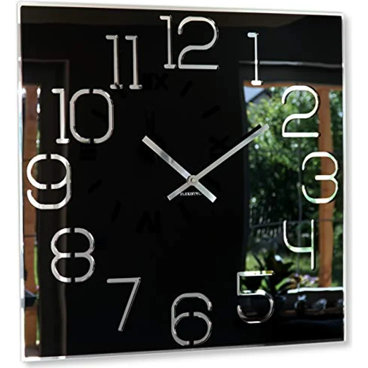 Wanduhr groß quadratisch Digit 50cm Durchmesser, ohne tickgeräusche modern, Design Acrylglas und Acrylspiegel, Wohnzimmer, Schlafzimmer (Schwarz) – Bild 1