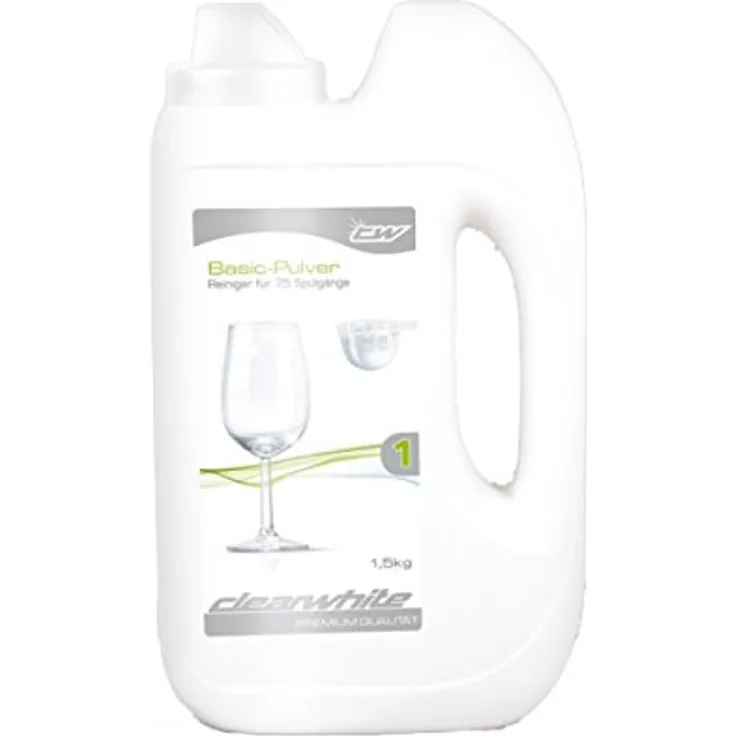 ClearWhite clearwhite Basic Pulver Dosierflasche 1,5 kg, hochwirksames Geschirrspüler-Zubehör mit Superenzymen und Glasschutzformel