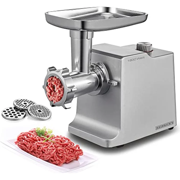 Heinrich´s Elektrischer Fleischwolf & Wurstmaschine inkl. 3 verschiedene Hacksiebe+Kebbeaufsatz+ Wurstaufsatz+Stopfer, 1800W Motor, Profi Metallgetriebe, 2KG/pro min Fleischverarbeitung - leistungsstarker Fleischwolf in Silber – Bild 1