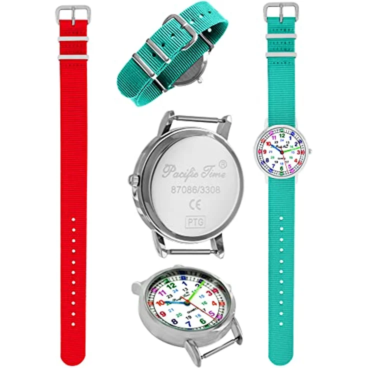Pacific Time Kinder Armbanduhr 11129, Lernuhr mit analogem Quarzwerk, Textilarmband in türkis und rot, kinderfreundliches Zifferblatt – Bild 2