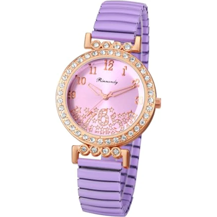 JewelryWe Damenuhr Elastisch Diamant Uhr, Violett Edelstahl Armbanduhr mit Zirkonia und Analog Quarzwerk, leicht ablesbare Digitalskala – Bild 1