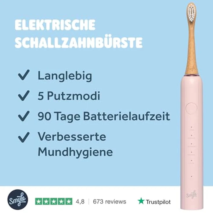 Smyle Schallzahnbürste mit Sensor, 3 Monate Akkulaufzeit, intelligentem Timer, 5 Putzmodi und wasserdicht, Babyrosa – Bild 2
