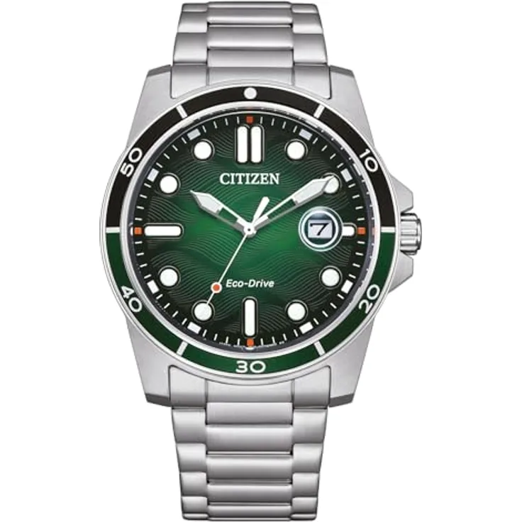 Citizen Herrenuhr Eco-Drive Solar mit Edelstahl Gliederband Silberfarben/Grün AW1811-82X