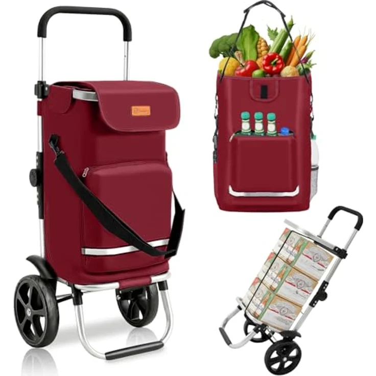 Sekey Einkaufstrolley 3-in-1 mit Kühlfach und Spanngurt, Faltbarer Einkaufswagen, 42L, 35kg, rot – Bild 1