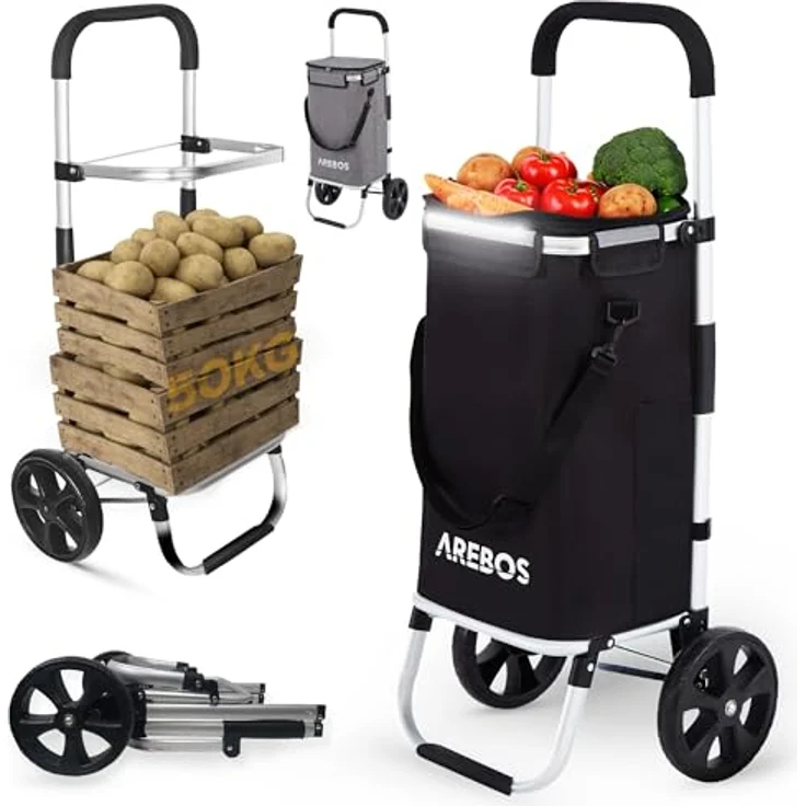 Arebos 3in1 Einkaufstrolley | Trolley groß 56 Liter | Einkaufswagen mit Kühlfach | Einkaufstasche mit Rollen | Schwarz – Bild 1