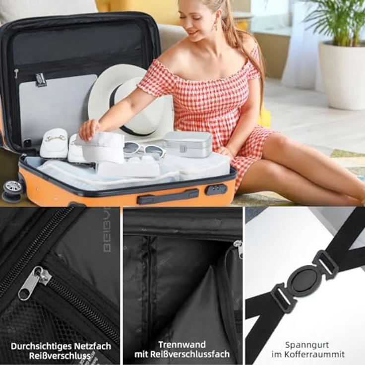 BEIBYE Trolley Koffer Kofferset Hartschale mit 4 Zwillingsrollen, integriertes Sicherheits-Zahlenschloss, orange, Handgepäck (M 55x34x22cm) und erweiterbar (XL und L) – Bild 4