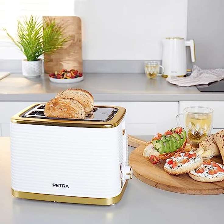 Petra PT5032WVDE 2 Scheiben Toaster – Inklusive Brötchenaufsatz, 7 Bräunungsstufen, 930W, Weiß/Gold – Bild 3