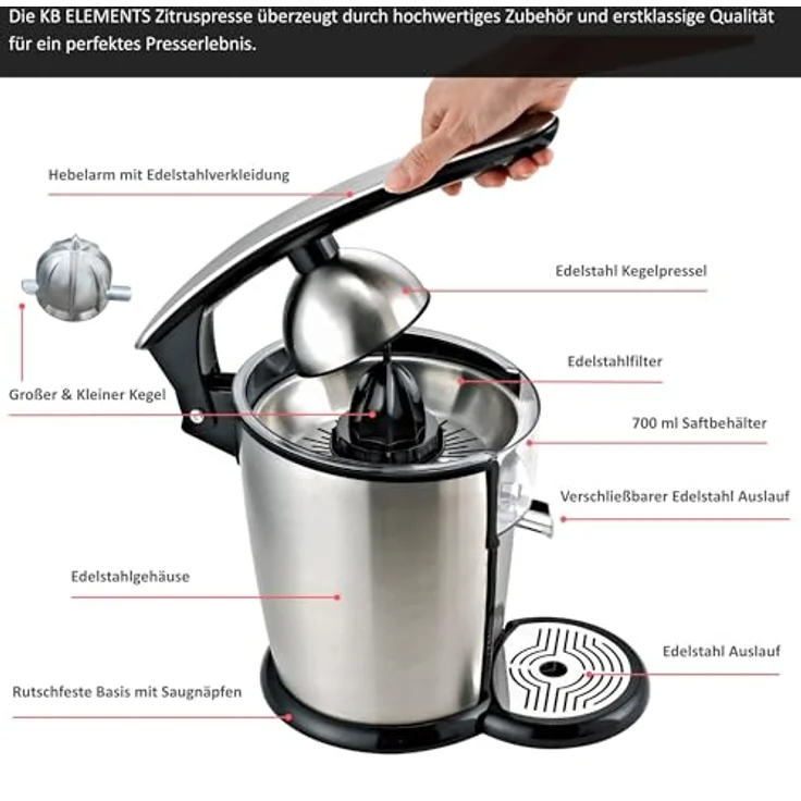 KB ELEMENTS elektrische Saftpresse, Zitruspresse mit 300W Vollkupfer-Motor, Edelstahl, 2 Kegel, 700ml Saftbehälter, integrierter Handhebel, Tropfstop – Bild 2