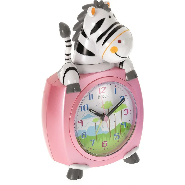 Mebus Kinderwecker Zebra, analog mit buntem Zifferblatt, Leuchtzeigern und Alarmfunktion, robustes Kunststoffgehäuse