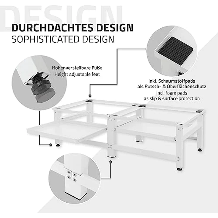 ML-Design Doppel Waschmaschinen-Untergestell mit 2 ausziehbaren Ablagen, Weiß, aus Stahl, bis 2x 150kg+10 kg, verstellbare Füße, Waschmaschinensockel 2-Fach, Doppeluntergestell Doppelpodest Erhöhung – Bild 4