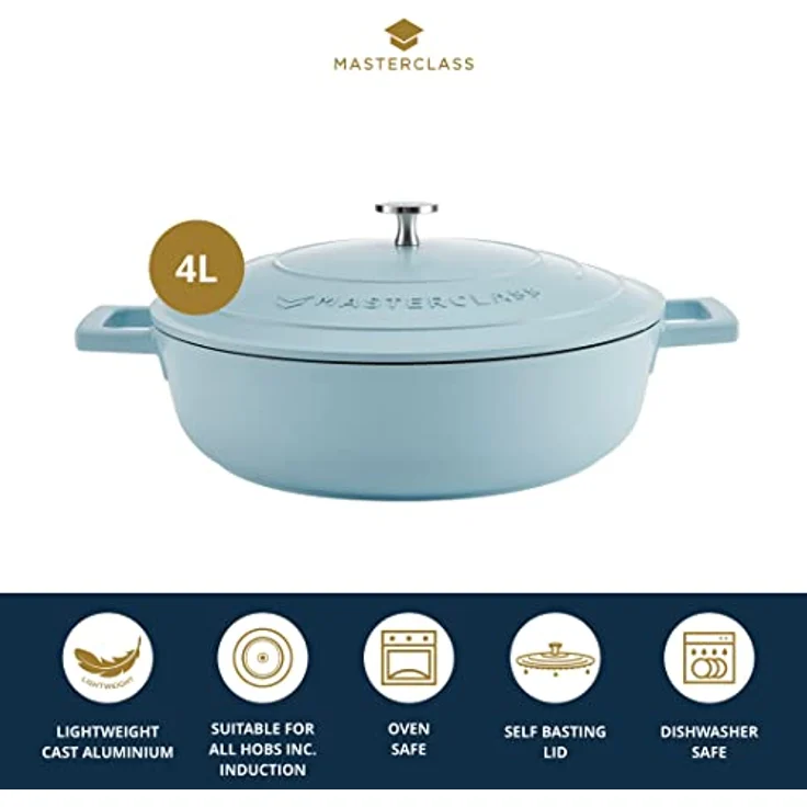 MasterClass Flacher Auflaufform mit Deckel 4L/28 cm, leichter Aluminiumguss, Induktionsherd und ofenfest, Himmelblau – Bild 2