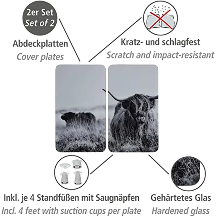 Wenko Herdabdeckplatte Universal Highland Cattle, 2er Set, für alle Herdarten – Bild 3