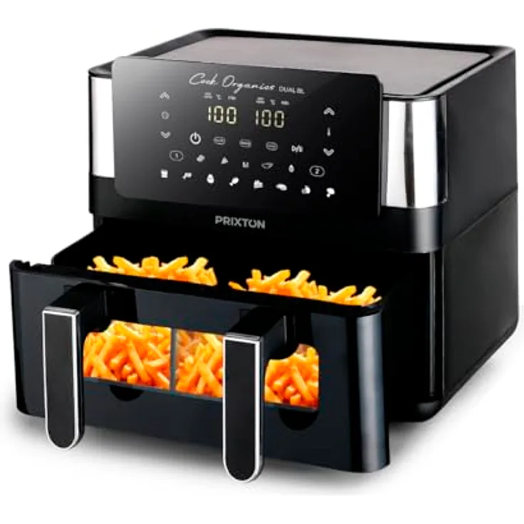 PRIXTON Heißluftfritteuse 8 Liter Cook Organics | Airfryer mit Doppelkammer (2 x 4L Kammer), Touchscreen, leuchtendem Design, Schwarz