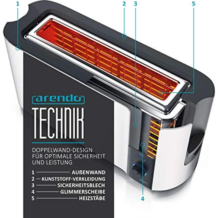 Arendo Frukost 2-Scheiben-Edelstahl Langschlitz-Toaster - Defrost Funktion - 1000W - Integrierter Brötchenaufsatz - Display mit Restzeitanzeige - Weiß – Bild 5