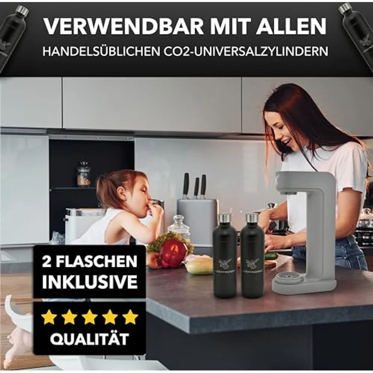 Luckymoose Infinity Wassersprudler, CO₂-sparende Sprudelwasser Maschine mit 2x 1,25L spülmaschinenfesten Edelstahlflaschen, stilvoll – Bild 4