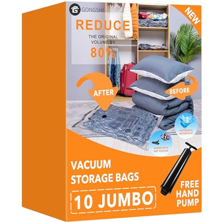 GONGSHI Vakuumbeutel, 10 Jumbo Kompressionsbeutel für Kleidung, Bettdecken & Kissen, platzsparend und luftdicht, wiederverwendbar, ideal für Reise und Lagerung – Bild 1