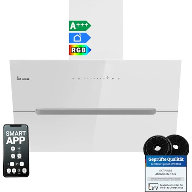 KKT KOLBE Dunstabzugshaube ECCO8005WM, 80 cm, 782 cbm/h, kopffrei, Wandhaube, weißes Glas, Smart WiFi App, RGBW-LED-Beleuchtung, A+++ – Bild 1