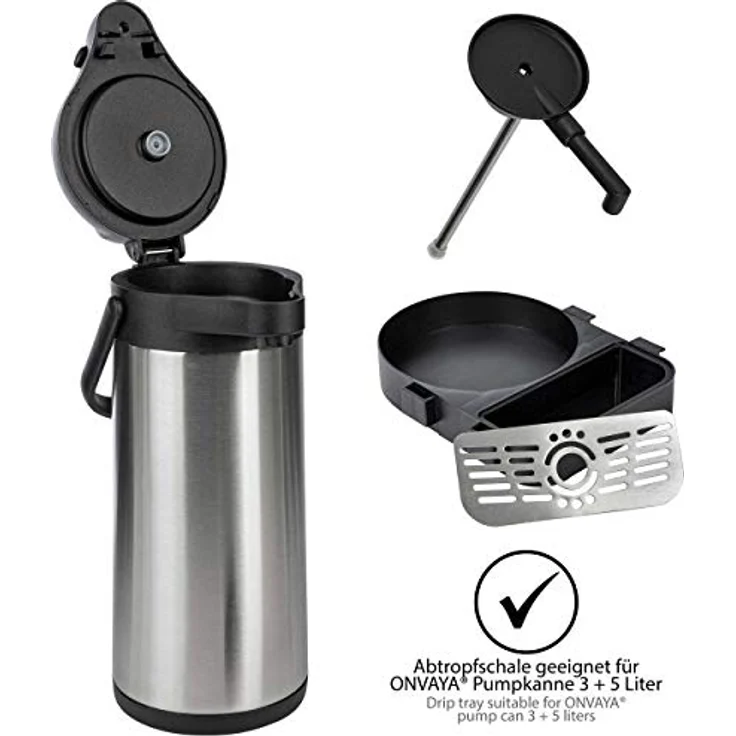 ONVAYA Airpot Pumpkanne 3 Liter + Tropfschale Isolierkanne Thermoskanne Getränkespender Edelstahl mattiert Kaffeekanne Doppelwandig Auffangschale Drip Tray – Bild 5