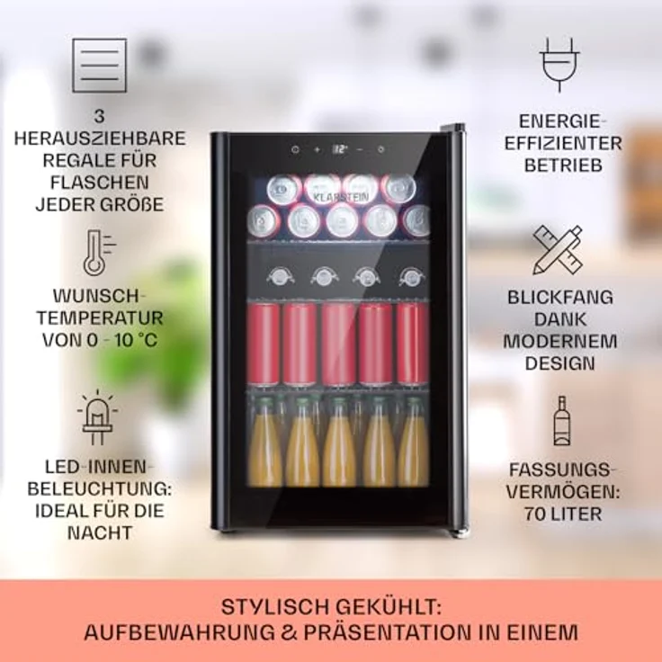 Klarstein Mini Kühlschrank mit Glastür & LED, 70L, Indoor/Outdoor, Leise, Edelstahl – Bild 2