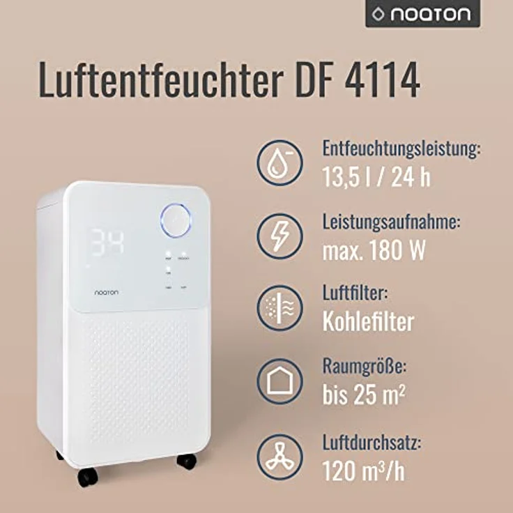 Noaton Luftentfeuchter und Luftreiniger DF 4114 + 2x Kohlefilter C2, max. 13,5 L/Tag, für Räume bis 25m²/63 m3, max 180W, Ablaufschlauch, Wäschetrocknung, Gegen Feuchtigkeit, Schimmel, in Weiß – Bild 2