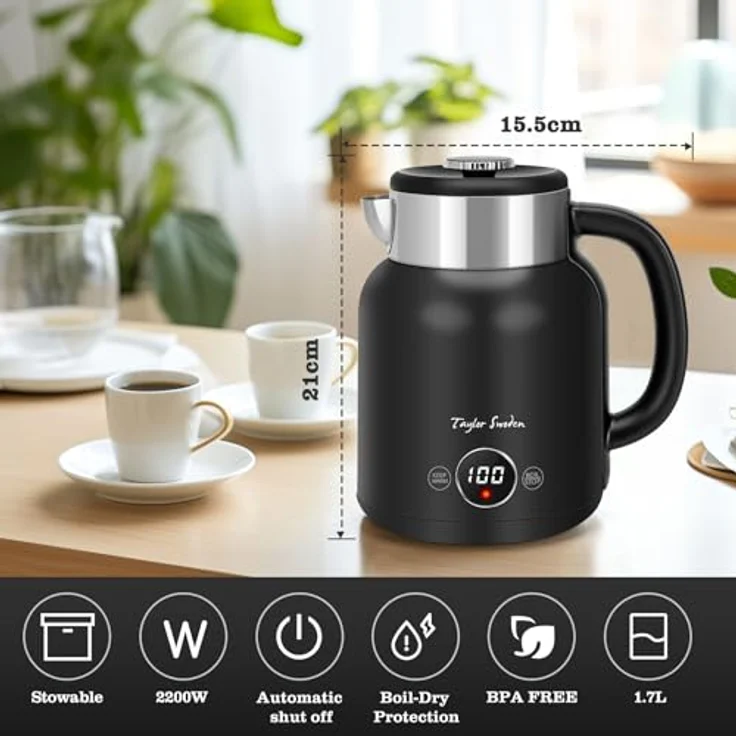 Taylor Swoden Asher, Edelstahl Wasserkocher mit Temperaturregelung, 2200 W, 1,7 L, LED-Anzeige, 1 Stunde Warmhaltefunktion, Automatische Abschaltung – Bild 5