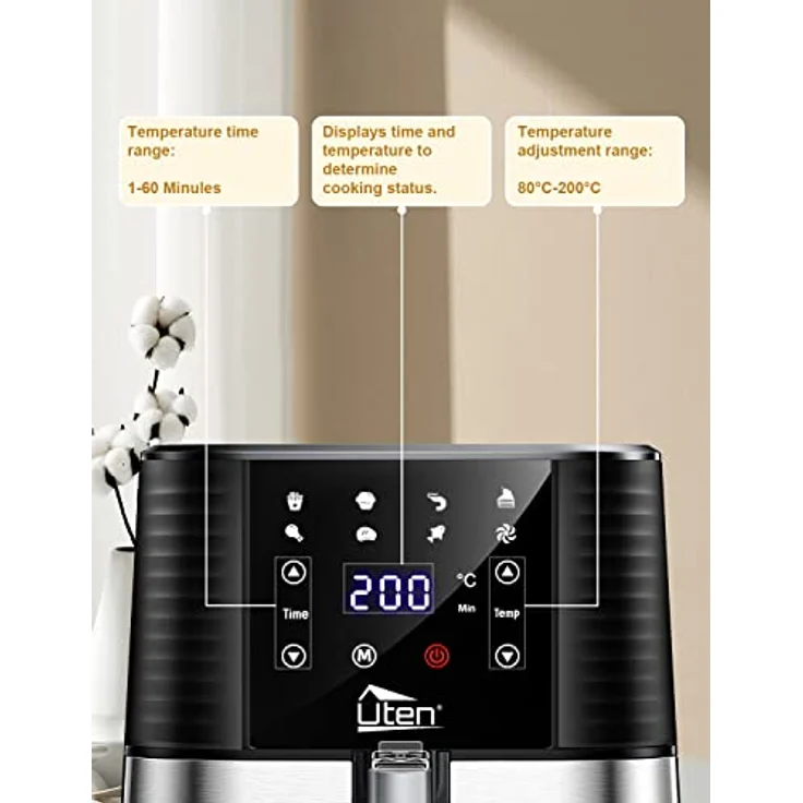 Heißluftfritteuse, Uten 5,5L Airfryer XXL Heissluftfriteuse mit digitalem LED-Touchscreen, 7 Programms, 32 Rezepte, Vorheizen&Warmhalten, Edelstahl Antihaftkorb, ohne Fett, 1700W – Bild 3