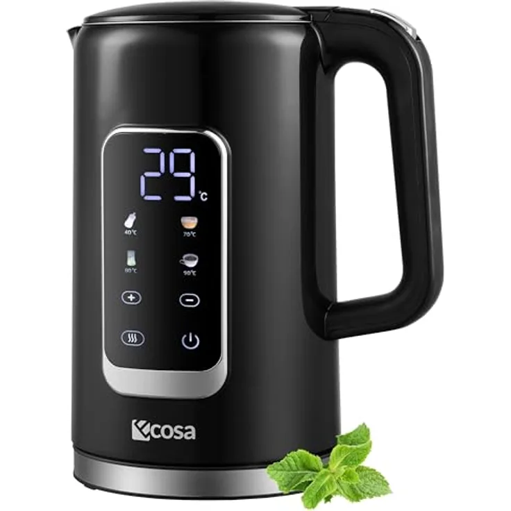 ecosa Wasserkocher Edelstahl mit Temperatureinstellung 1,7 Liter 2200 Watt Teekocher LED Display Warmhaltefunktion Water Kettle (Silk Schwarz)