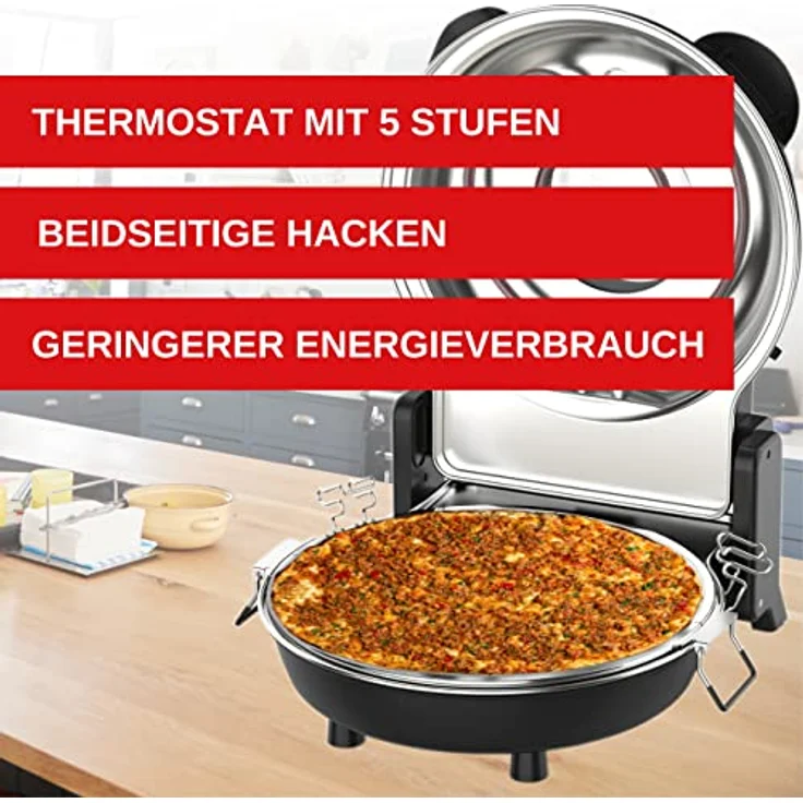 ERATEC-Pizzaofen,SET-PM-27.Temperatur bis zu 400°C mit 5 Garstufen,Pizza 4 Minuten fertig inkl. Zubehör: 32 cm Feuerfeste Steinplatte- XXL Pfanneneinsatz -Pizzaschieber-Pizzaschneider. – Bild 4