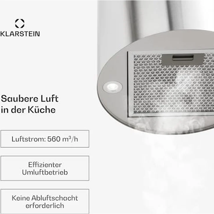 Klarstein Insel-Dunstabzugshaube, freihängend, 583m³/h Luftstrom, Abluft/Umluft, 3 Stufen, Aktivkohlefilter, Deckenmontage mit LED-Beleuchtung – Bild 4