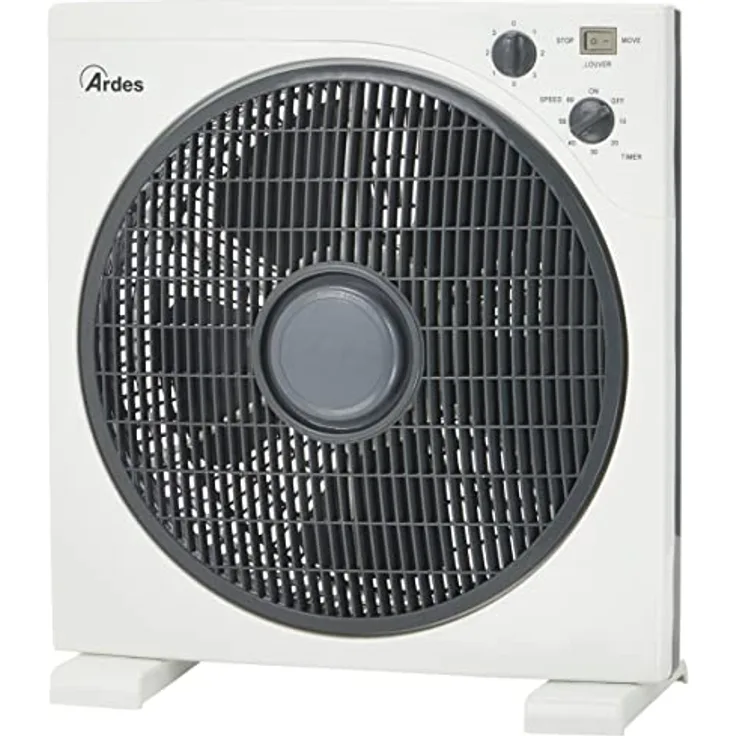 ARDES - Tragbarer quadratischer Tisch- oder Bodenventilator mit 5 Flügeln und 3 Intensitätsstufen, 360-Grad-Drehung und Timer, Bodenventilator, weiß, Box Floor AR5B29